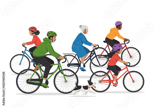 Flat illustration of diverse group of people of different ages cycling together with a dog on a sunny day, enjoying outdoor recreation and healthy lifestyle