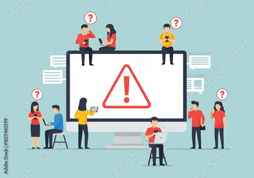 Flat illustration of team of people around a computer screen displaying a red warning sign with an exclamation mark, symbolizing error, danger, or caution