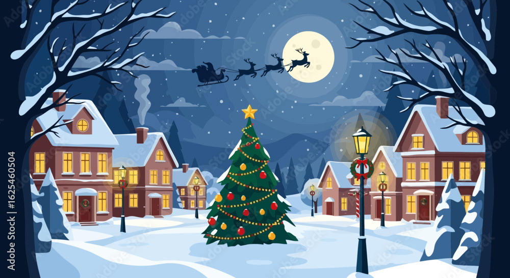 Fototapeta premium Flat illustration of magical christmas village scene at night with santas sleigh flying over a decorated tree under the full moon, surrounded by snowcovered houses and trees