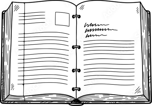 Open textbook with visible pages and margin lines, black and white, with hand-drawn style