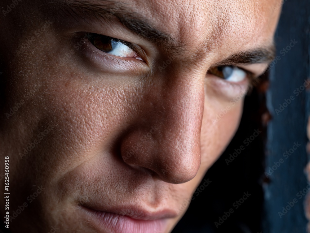 Obraz premium Intense CloseUp of Mans Face Focused Eyes Dramatic Lighting.