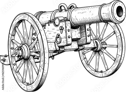 Old war cannon with wheels and metal texture, line art, with hand-drawn style