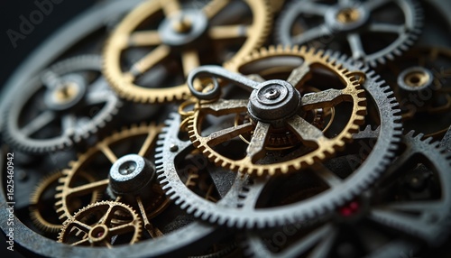 Intricate clockwork gears, mechanical workshop detail. Golden, silver metal cogs interlock fine craftsmanship in industrial setting. Precision engineering assembly with classic horologe structure,