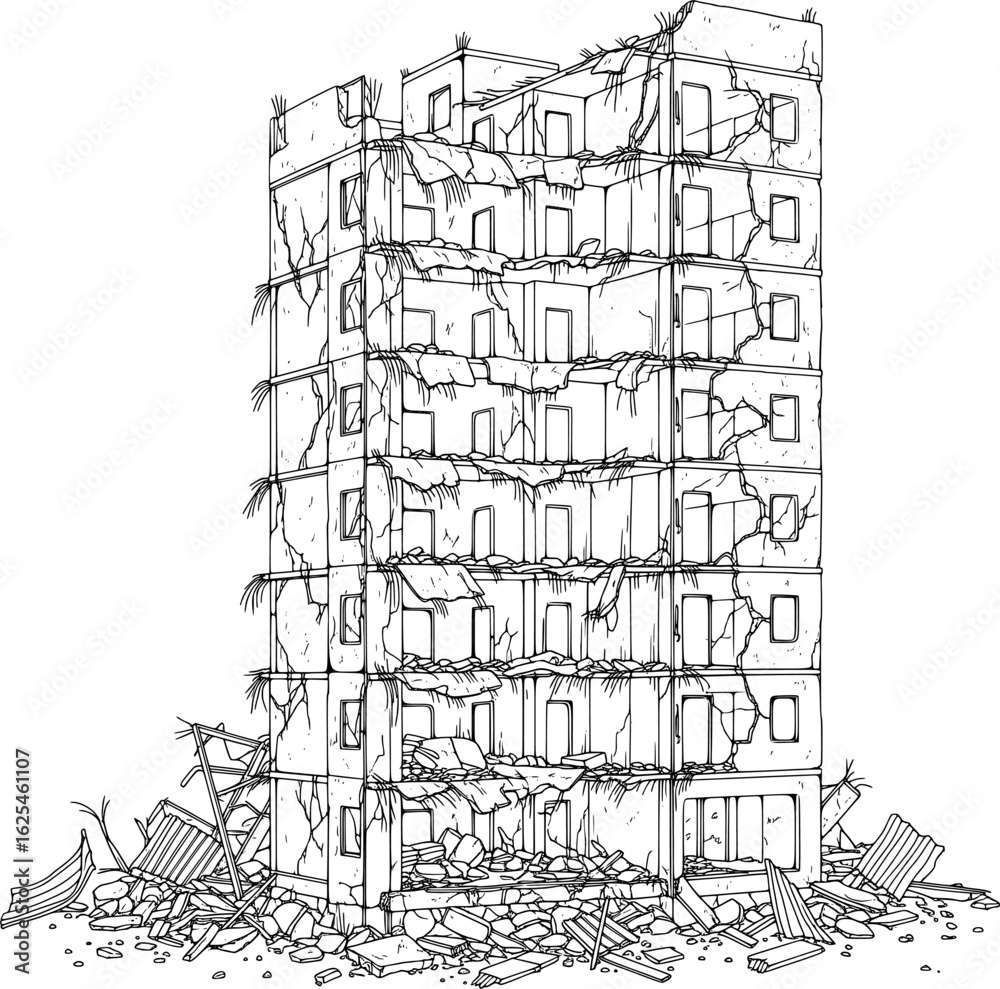 Obraz premium Destroyed building with broken walls and debris, clean black lines, with hand-drawn style