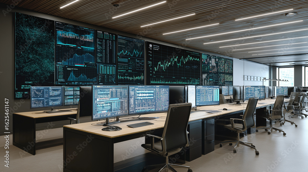 High-Tech Financial Data Control Room with Dual Monitors Showing Real-Time Charts, Business Analytics, Cybersecurity Metrics and Investment Statistics in Modern Office with Digital Screens High-Tech Financial Data Control Room with Dual Monitors Showing Real-Time Charts, Business Analytics, Cybersecurity Metrics and Investment Statistics in Modern Office with Digital Screens