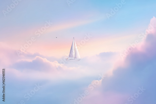 Sailboat gliding through soft pastel clouds in a serene sky during a tranquil sunset