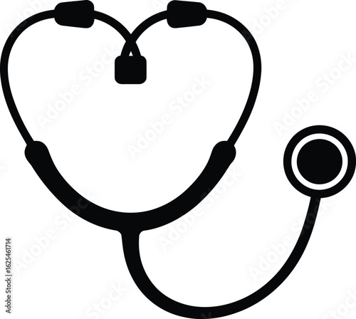 Simple black silhouette of a stethoscope forming a heart shape symbolizing health and care