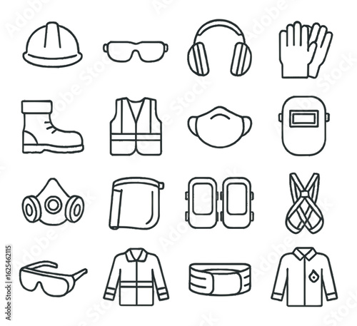 Safety equipment linear icon set. hard hat, goggles, headphones, gloves, mask, boots, vest, and more.