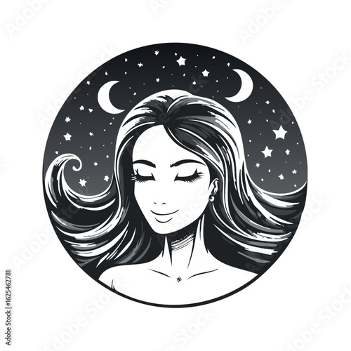Beautiful serene woman with closed eyes against a celestial night sky with stars and moons