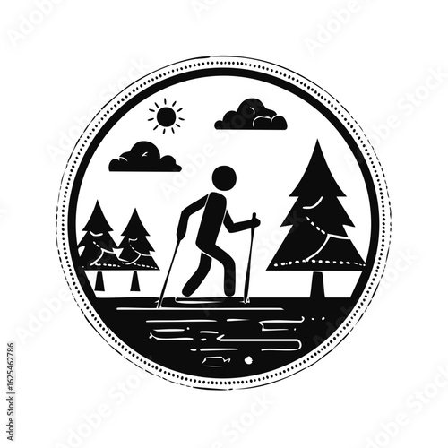 Winter forest trekking and hiking icon with a person walking with poles and snowy trees