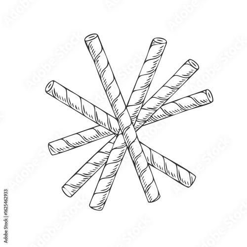 A pile of crispy striped wafer roll sticks in a vintage hand drawn sketch style
