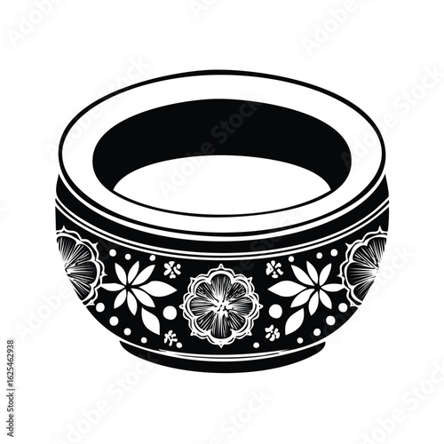 Ornate Traditional Bowl with Floral Decorations in Black and White