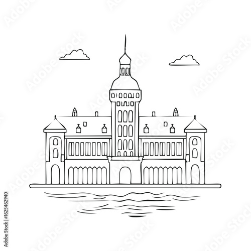 Architectural Landmark Line Art, Outlined Castle on Water, River Building Sketch, Vintage Style