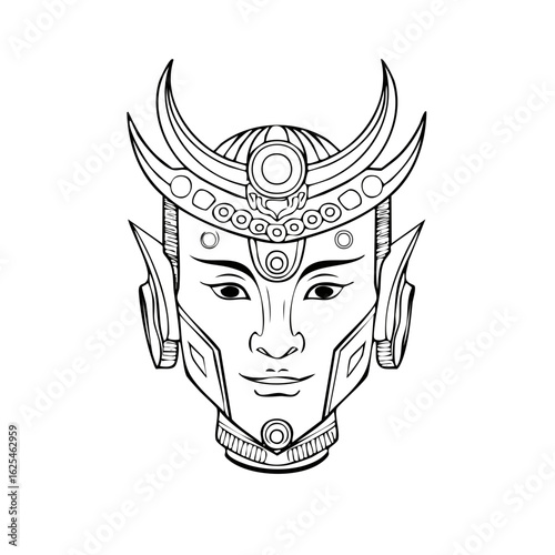 Line art portrait of a mythological celestial warrior with an ornate horned helmet