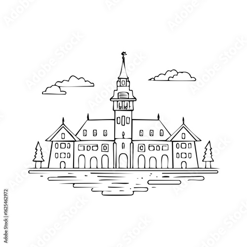 Hand drawn sketch of an old European town hall building with a clock tower