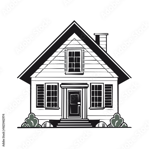 Classic American suburban house exterior in black and white line art style with prominent gable roof and chimney