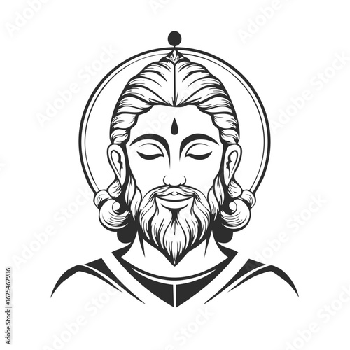 Monochrome Illustration of a Spiritual Figure with Halo and Beard