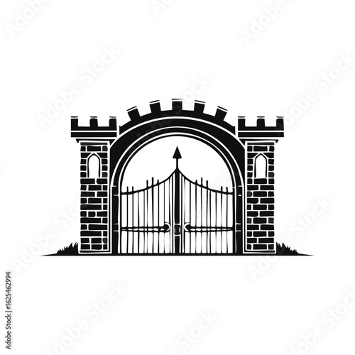 Ornate Castle Gate Entrance with Battlements and Arrow Slits in Black and White Style