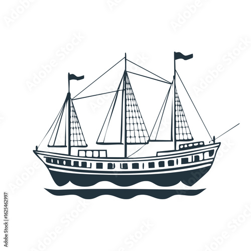 Stylized Illustration of a Classic Three-Masted Sailing Ship with Rippled Water