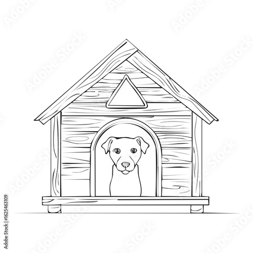 Stylized dog cartoon inside a wooden doghouse, simple line art drawing for coloring books or illustrations