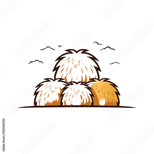 Vector illustration of haystacks on a farm field. Rural countryside harvest logo design with flying birds.