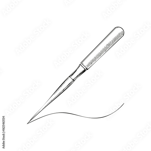 Engraved drawing of surgical tool with line, etching illustration of vintage sharp lancet