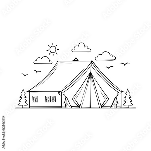 Hand-drawn line art illustration of a large camping tent outdoors with sun and clouds.