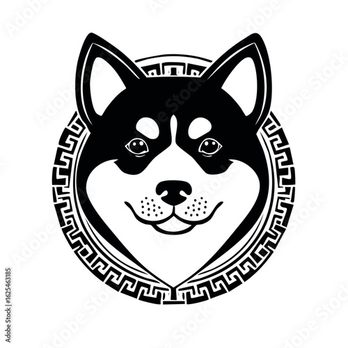 Stylized Black and White Shiba Inu Dog Face with Greek Key Border