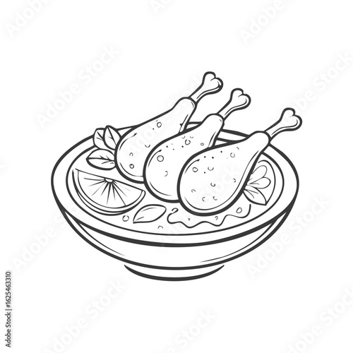 Chicken Drumsticks Served in a Bowl with Lemon and Herbs Outline Food Illustration