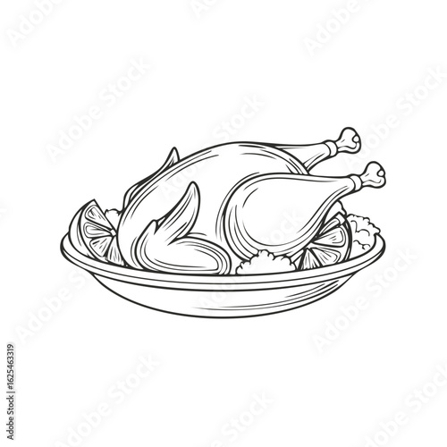 Roasted Chicken with Lemon on Platter Line Art Illustration Ready to Eat Meal