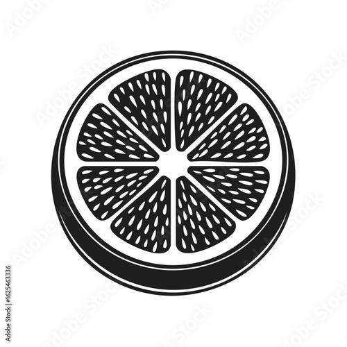 Monochrome vector illustration of a fresh citrus fruit slice with detailed pulp and segments
