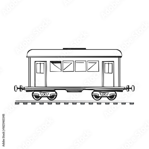 Vintage train car with classic windows on railway tracks simple line art drawing