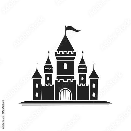 Black silhouette of a fantasy castle with multiple towers and flags against a white background
