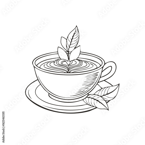 Hand drawn cup of hot herbal tea with leaves, line art sketch illustration.