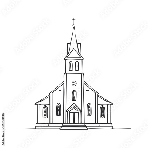 Hand drawn line art illustration of a traditional Christian church building with a steeple and cross