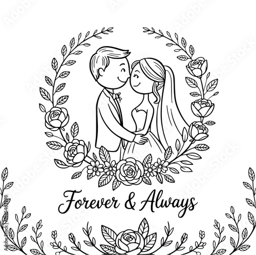 Eternal Promise: A sweet illustration shows a newly wedded couple, wrapped in a circle of flourishing flora, embodying a symbol of love and lasting commitment. The essence of a life together.