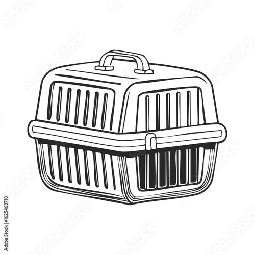 Outlined pet carrier for animal transport, portable travel box with air vents and a handle.