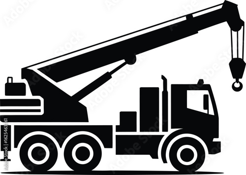 Heavy duty mobile crane truck with extended boom and hook in black and white silhouette
