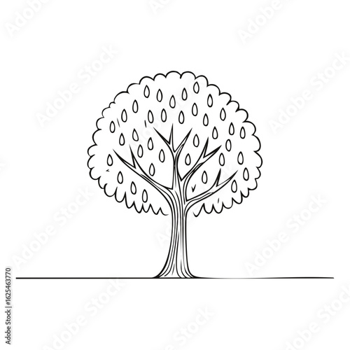 Stylized tree with raindrops illustration simple monochrome line drawing isolated on white background children coloring book style