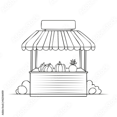 Line art illustration of an open air market stall with produce, hand drawn style, outline drawings for creative projects