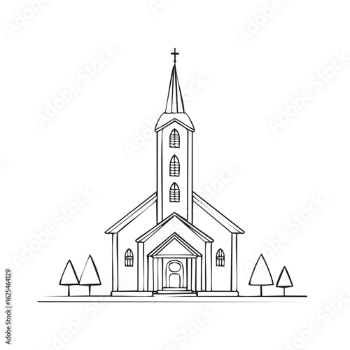 Hand-Drawn Line Art Illustration of Classic Christian Church Building with Tower