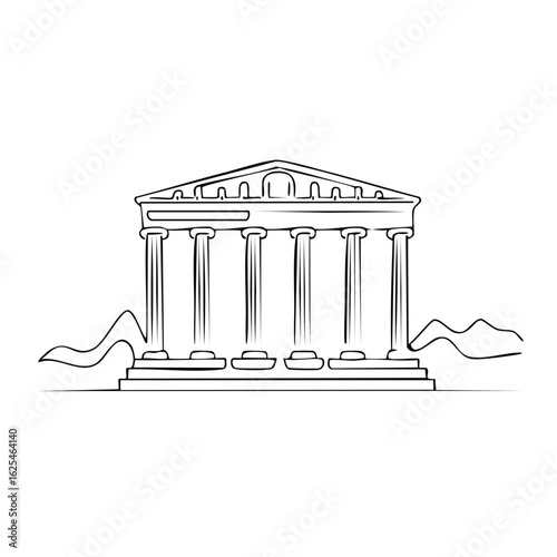 Minimalist outline drawing of a Greek temple facade with prominent columns and entablature