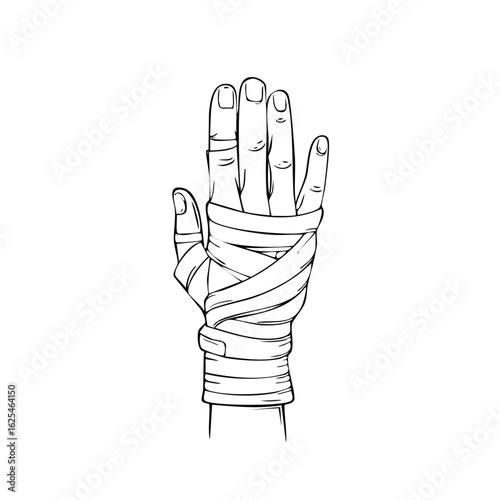 Mummy Hand with Bandages Reaching Upward Halloween Themed Black and White Sketch