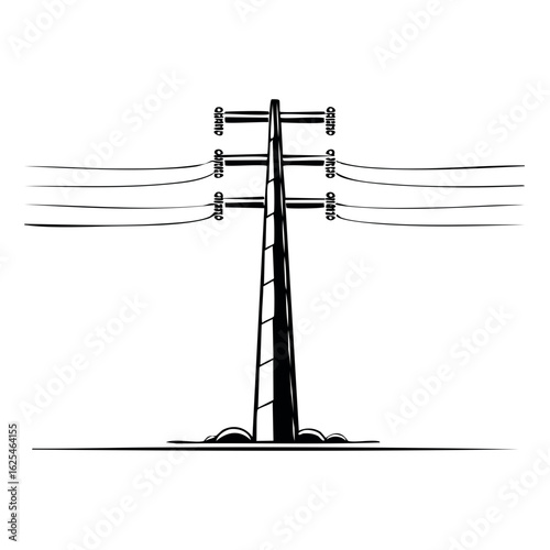 Black and White Utility Pole with Electric Power Lines Simple Illustration