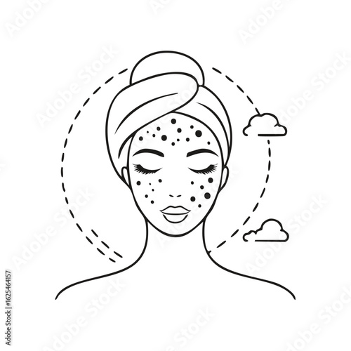 Woman with facial acne and towel on head, skincare concept, outline illustration
