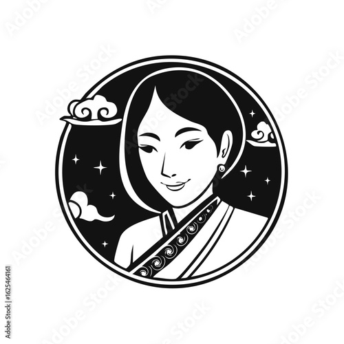 Elegant Asian woman smiling serenely in traditional attire surrounded by starry night sky and stylized clouds