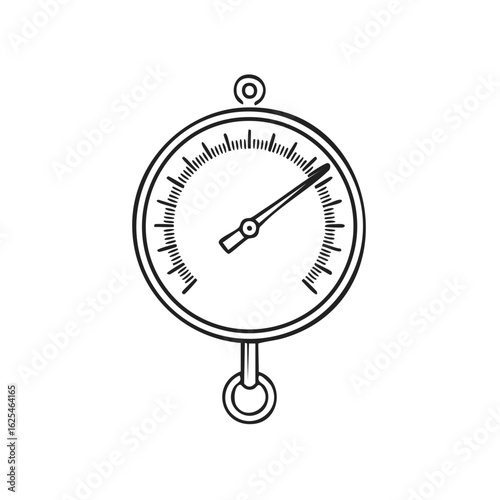 Classic hanging spring scale with dial and pointer, a simple line art icon for weight measurement.