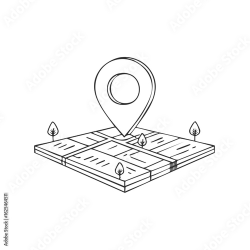 Hand drawn map pin on a street grid illustration for location and navigation