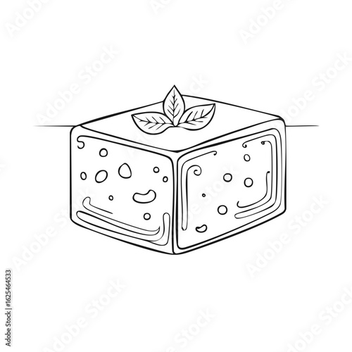 Hand drawn cheese cube with basil leaves on top and holes in the cheese