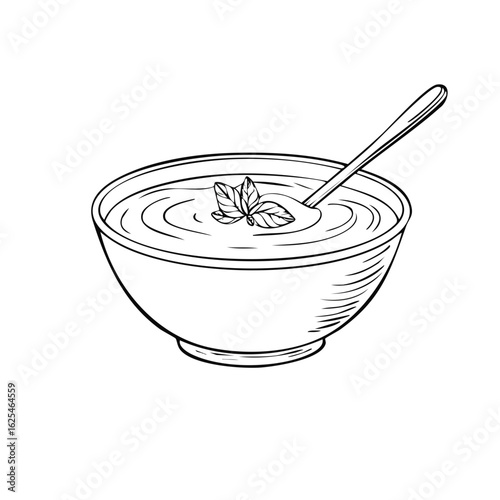 Hand drawn sketch of delicious cream soup with fresh basil and spoon
